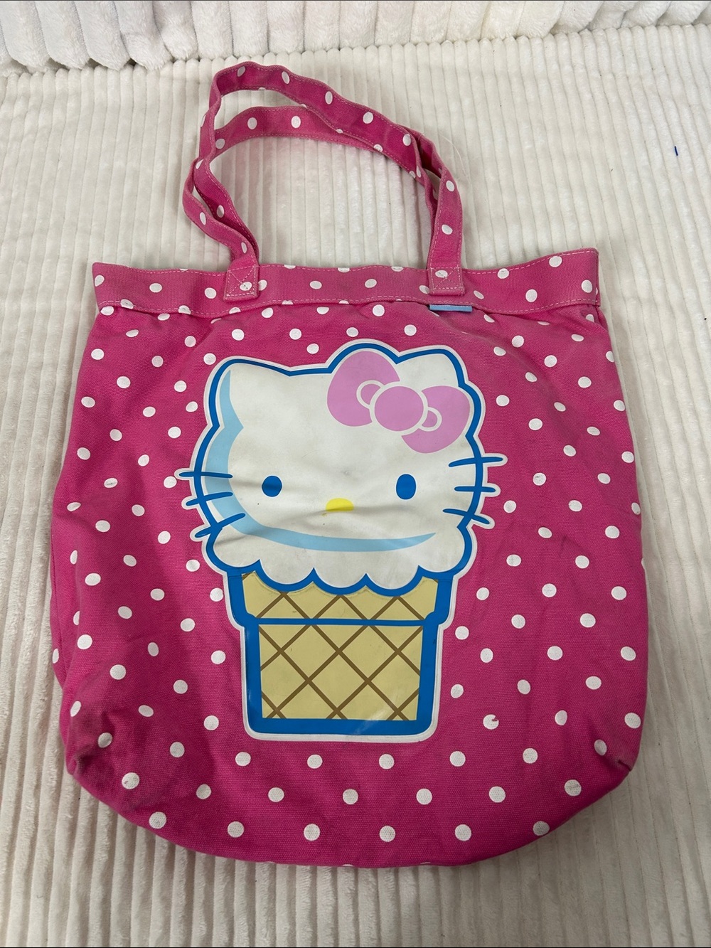 Y2K Sanrio Hello Kitty Ice Cream pink polkadot canvas Tote bag purse read
